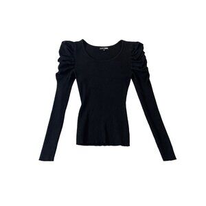 Fashion Nova Black Ribbed Fitted Long Sleeve Top With Ruched Shoulders Size S